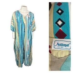 Vintage Caftan Dress Cotton Geometric Stripe Boho Resort One Size India *